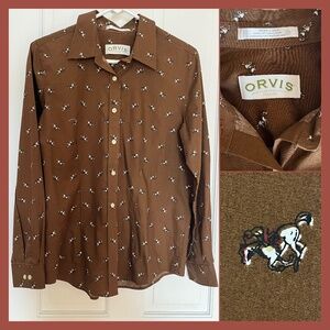 Orvis Vintage Oxford Style Shirt with Horse + Jockey Rider Print, Fitted Cotton